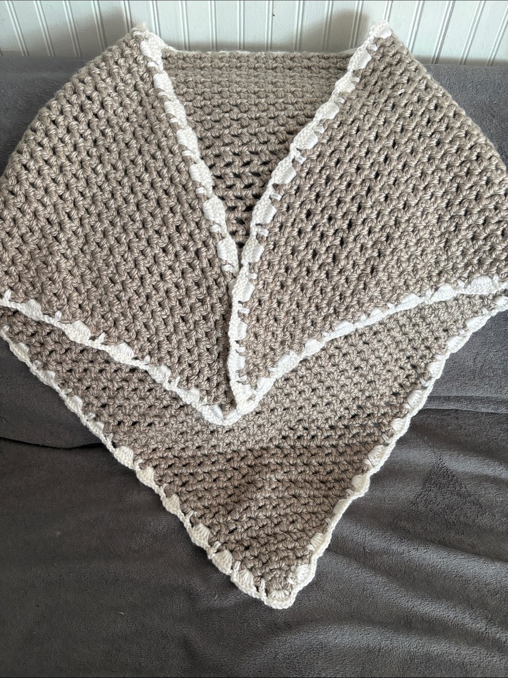 Cozy Taupe Crochet Shawl Sweater with Cream Trim handmade